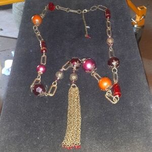Elegant Gold Tone and Red Beaded Necklace